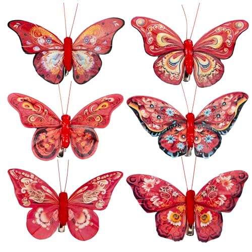 Artificial Feather 3D Butterfly Party Decorations Set of 12 with Clip 6 Color Red Series Ornaments for Christmas Tree (F Clip)