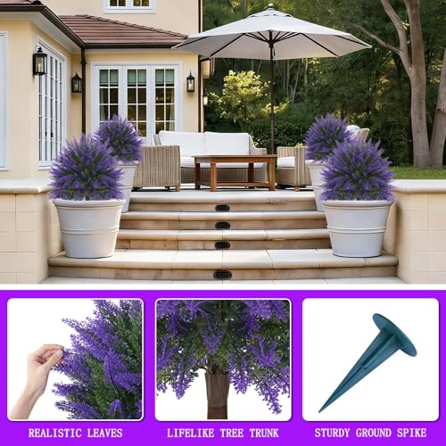 24" Set of 4 Artificial Lavender Topiary Bushes with Ground Spike (Purple Lavender)