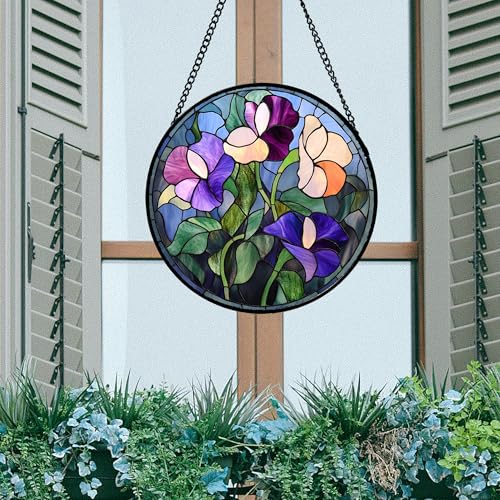 Purple Pink Flower Leaves Stained Glass Window Hanging Suncatcher Gift 6.3" (Multiple Colors / 6.3x6.3 IN)