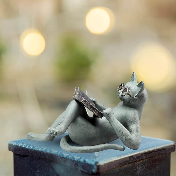 Cat Statues - Garden Decor Reading Cat Craft Wearing Glasses Sculpture, 18X8X5CM
