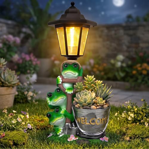 Solar Frog Outdoor Garden Statue with Flowerpot & Lantern (Frog)