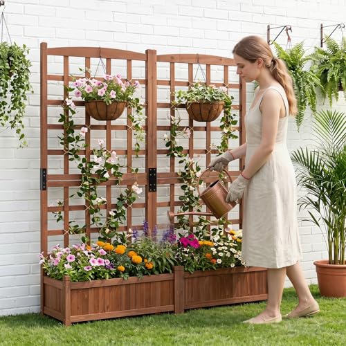 Wooden Raised Garden Bed with Trellis (Brown / 57"Lx13"Wx59"H)