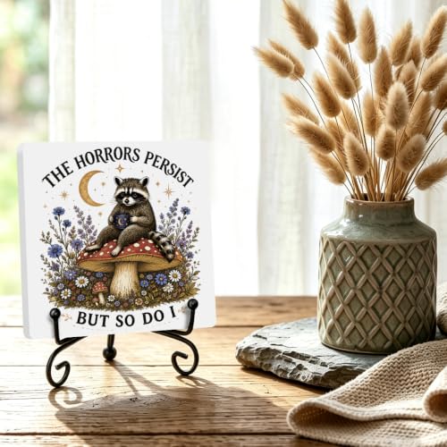 Funny Raccoon Wooden Plaque for Home Office Book Shelf Table Decor 02 (Multicolor 1743 / Wooden sign with iron frame（6.3 x 6.3 inches）)