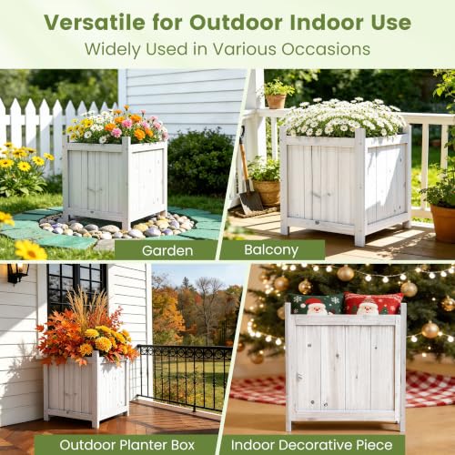 2 Pack 16" White Fir Wood Square Planter Boxes with Drainage Holes (Square Planter Boxes-whitewashed Color)
