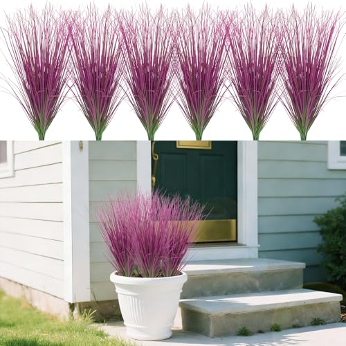 24 Bundles Artificial Grass Plants Outdoor Tall Faux Shrubs Greenery Stems Fake Onion Grasses Wheat UV Resistant for Outside Garden Indoor Office Home Decor（Pink） (Pink / 24Pcs)