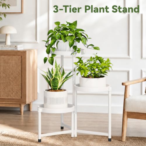 Plant Stand Indoor Outdoor with Large 10 Inch Plastic Tray (White with Large Tray / 3 Tier)