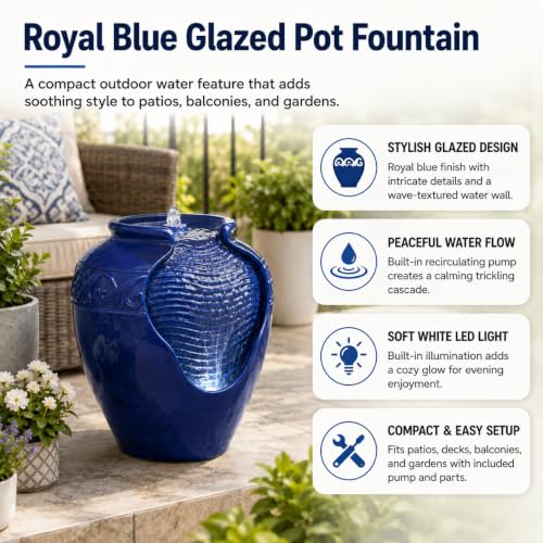 16.96 in. Outdoor Glazed Pot Water Fountain with LED Lights (Blue)