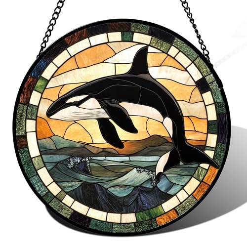 Orca Whale Ocean Waves Stained Glass Window Hanging Suncatcher Gifts 6.3" (Black and White / 6.3x6.3 IN)