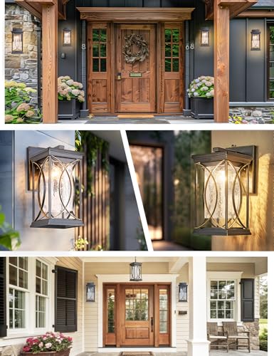 Dusk to Dawn Outdoor Wall Light Black with Gold Trim Modern Exterior Sconce Aluminum Waterproof Coach Light Fixture with Crack (Black and Gold-L)