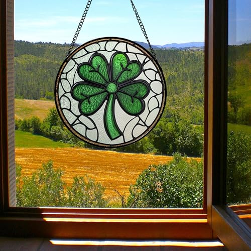 Lucky Clover Stained Glass Window Hanging Suncatcher Gift for Mom 7.8" (White and Green / 7.8x7.8 IN)