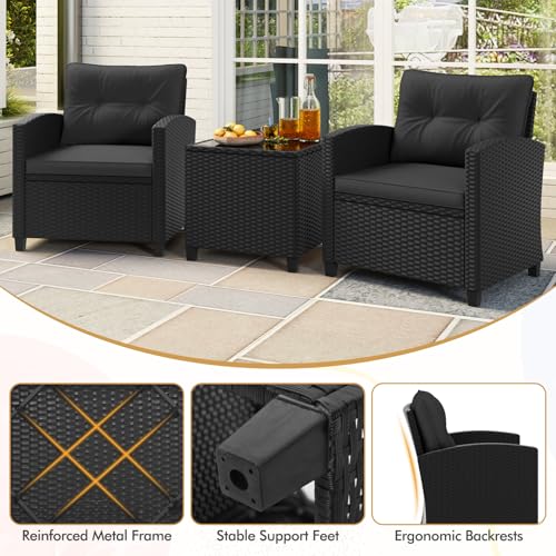 3 Pieces Wicker Patio Conversation Set (Black & Black)