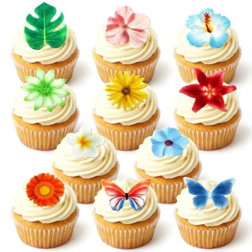 54 Pcs Edible Flowers Cupcake Cake Toppers Decorations Wafer Paper Green Leaf & Tropical Flower for for Hawaiian Birthday Tropical Luau Summer Party Wedding (Pink & Purple & Orange & Green)