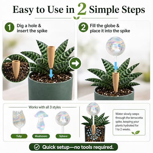 Non Clogging Iridescent Ball Plant Watering Globes with Terracotta Spikes (3 Iridescent Balls)