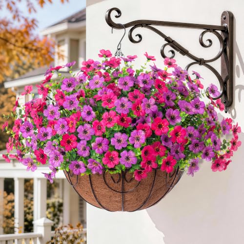 Artificial Faux Hanging Plants Flowers Basket for Spring Summer Outdoor Outside Decoration (Purple Pink)