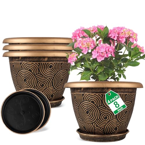 8 Inch Flower Pots Planters for Indoor Outdoor Plants (Gold / 8 inch-4 pack)
