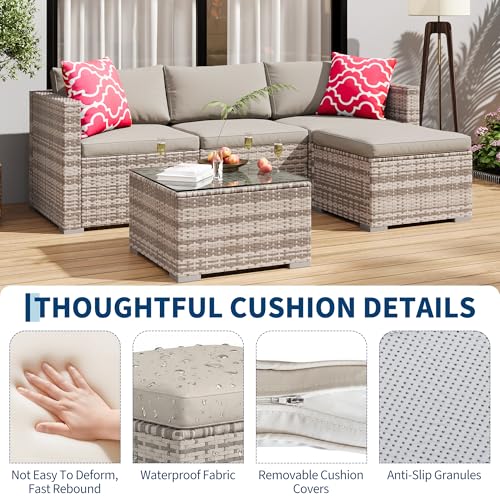 5-Piece All-Weather Patio Furniture Set, Convertible Outdoor Sectional Sofa with Ottoman & Tempered Glass Table, PE Rattan Conversation Set for Garden, Backyard, Porch, Poolside (Grey/Light Grey / 5 Pieces)