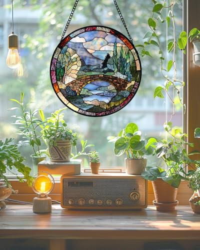 Stained Glass Window Hanging Arch Bridge Suncatcher Gifts for Women 7.8" (Blue Brown / 7.8x7.8 IN)