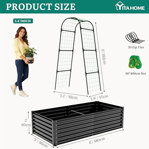 6x3x2ft Galvanized Raised Garden Bed with Tall Arch Trellis (Black / 6x3x2ft W/ Trellis)