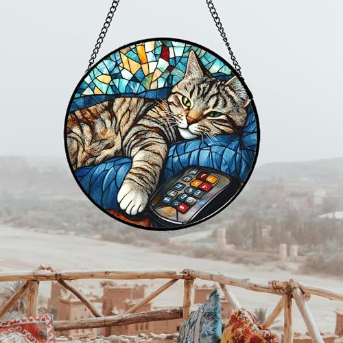 Gray Cat Remote Control Stained Glass Window Hanging Suncatcher Gifts 6.3" (Blue-gray / 6.3x6.3 IN)