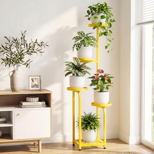 Tall 5 Tier Square Plant Stand Indoor Outdoor (Yellow / 5-Tier Square Base)