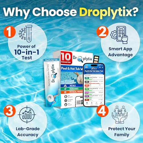 10-in-1 Pool & Spa Water Test Kit with App, Hot Tub, Saltwater, Chlorine, Cyanuric Acid, Alkalinity, Hardness, pH, Nitrate, Sulfate, Digital Water Quality Testing Strips (DXPOOL-R10-S10)