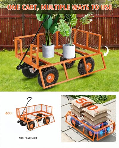 Heavy Duty Steel Garden Cart 900 LBS Capacity 3 in 1 Pullable Garden Wagon with 10 in Wheels for Gardening Soil (Orange / 900 lbs)