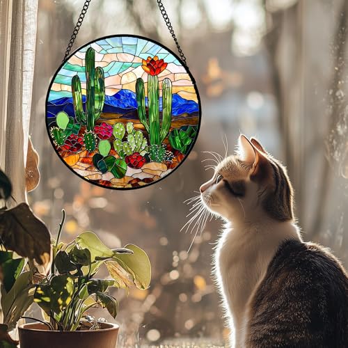 Green Cactus Stained Glass Window Hanging Suncatcher Gifts for Women 7.8"