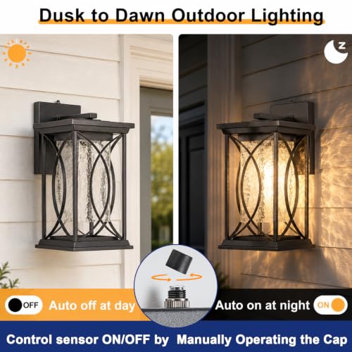 18" Extra Large Outdoor Sconce with photocell Sensor Coach Lantern Modern Large Exterior Light Fixture Waterproof Black Metal with Crack (Black-XL)
