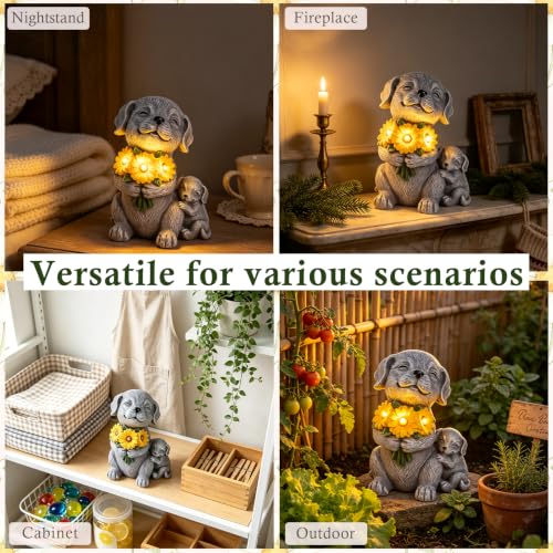 Garden Statue Dog Figurine with Solar Sunflowers Bouquet Outdoor Decoration