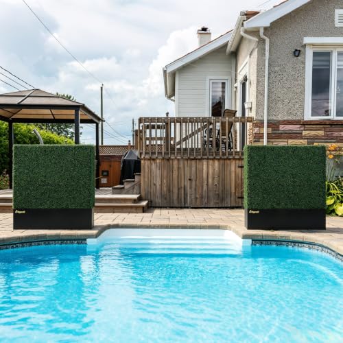 Artificial Boxwood Hedge Wall with Black Steel Planter Box (60" L X 64" H X 14" D)