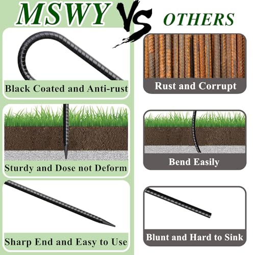 Rebar Stakes 16 Inch 20 Pack J Hook Ground Stakes Heavy Duty Tent Stakes Chain Link Fence Stakes with Chisel Point End Galvanized Steel Ground Anchors Metal Spikes Black Coated (20 Count)