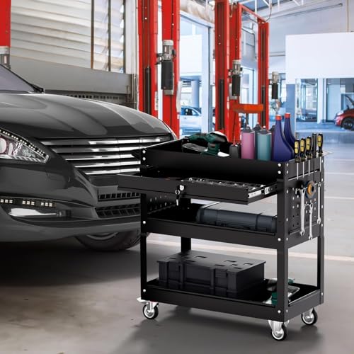 3 Tier Tool Cart on Wheels with Drawers (Black)