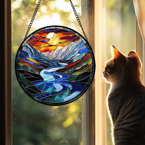 Stained Glass Window Hanging River Scenery Suncatcher Gifts for Women 7.8"