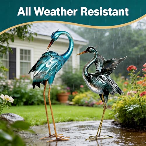 Garden Crane Statues Blue Heron Metal Birds Yard Art Ornament (Dark Blue)
