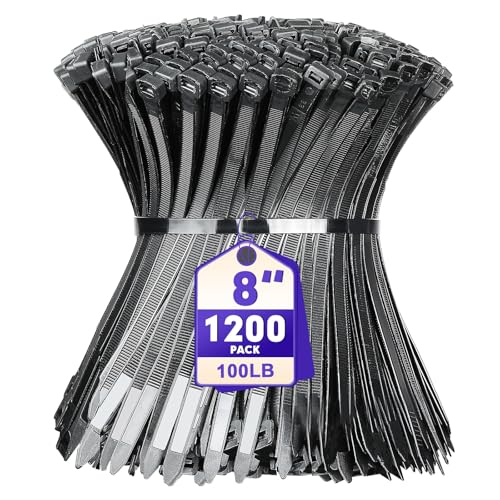 Zip Ties RAZCC 1200pcs Black Cable Zip Ties 8 Inch (Wideth 0.3")