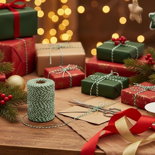 Green & White Cotton Twine 500 Feet (Green White / 12 PLY- 500 FEET- Pack of 1)