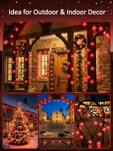 Solar Twinkle Star String Lights Outdoor Waterproof 39FT (Red)