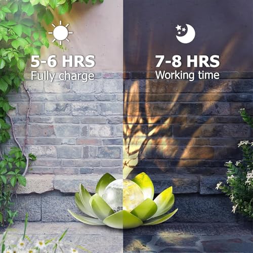 Solar Lights Outdoor Garden Decoration Crackle Globe Glass Waterproof LED Metal Green Lotus Flowers Gift for Mom (Green)