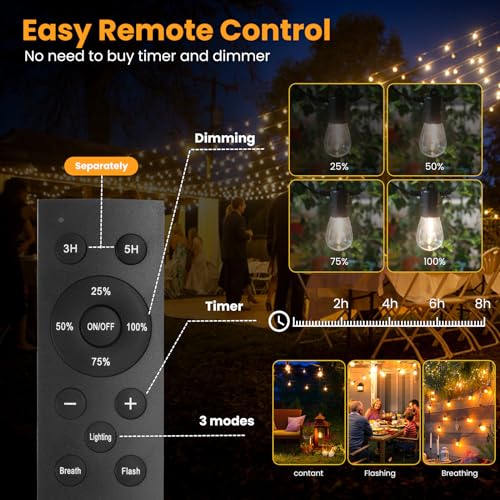 104FT(98+6) Solar String Lights Outdoor Waterproof, Solar Powered Patio Light with 30+2 Dimmable S14 Edison Bulbs Shatterproof & Remote Control, Solar String Lights for Outside Garden Backyard (104FT)
