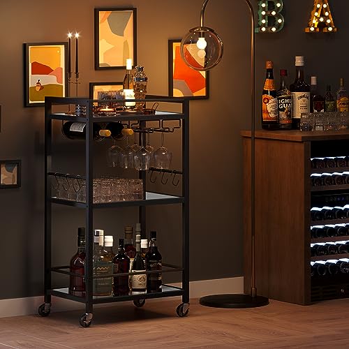 Bar Cart with 3 Mirrored Shelves (Black（3 Tier）)