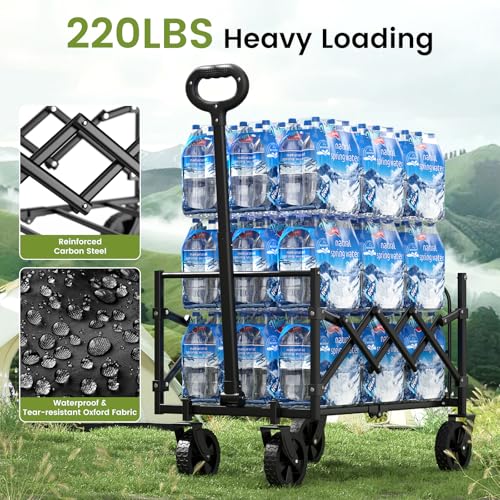 220 lbs Folding Wagon Cart with Wheels & Adjustable Handle (Black / Medium With Tailgate)