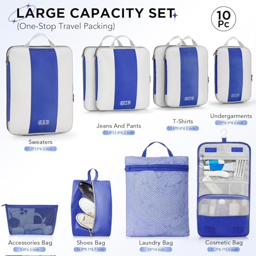 10 Set Compression Packing Cubes for Travel Essentials (Klein Blue)