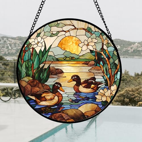 Stained Glass Window Hanging Duck Pond Suncatcher Gifts for Women 9.8"