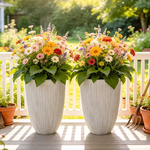 19" Mediterranean Beige Resin Tall Planters with Fluted Texture (19"h-mediterranean Beige)