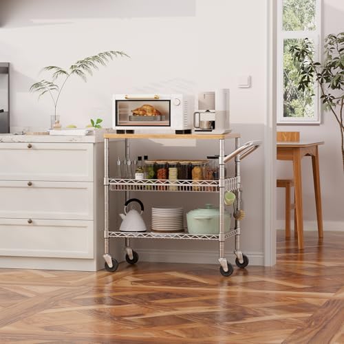 3 Tier Rolling Kitchen Carts with Wheels (Light Wood+metal-3 Tier)