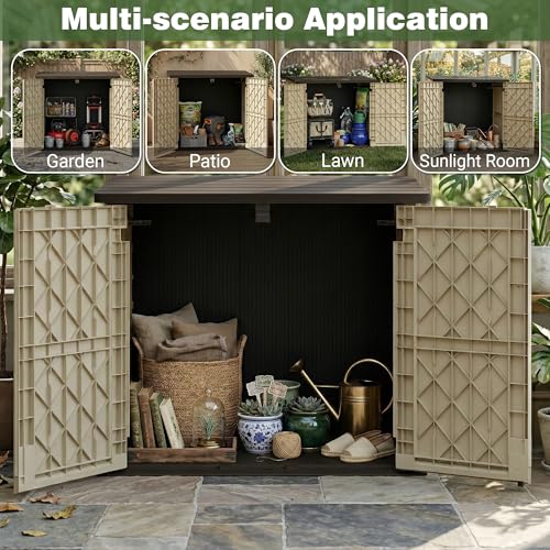 Waterproof Outdoor Storage Box 36 Cu Ft with Lockable Doors (Beige-Brown / 29.1"×51.1"×43.3")