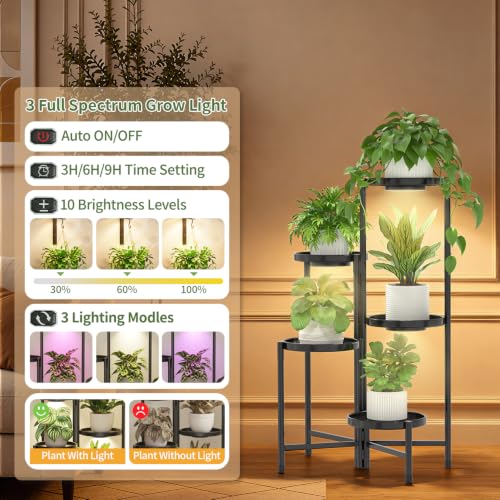 Plant Stand Indoor 10 Inch Large Tray With Lights (Black with Light / 5 Tier)