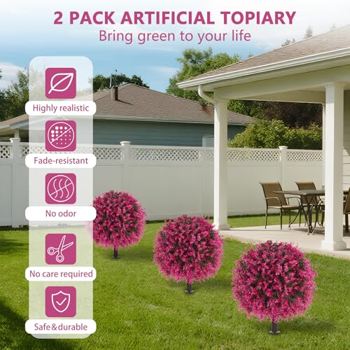 2 Pack Fake Pink Eucalyptus Topiary Ball Trees with Ground Spike (Pink Eucalyptus)