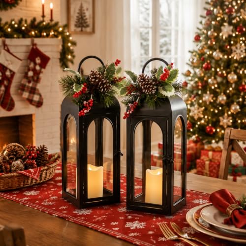 16 Inch Black Metal Christmas Lanterns Set of 2 with Remote and Timer
