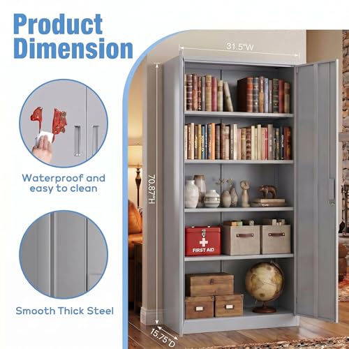 71 Inch Lockable Metal Garage Storage Cabinet with 4 Shelves (Grey / 15.75"D x 31.50"W x 70.87"H)